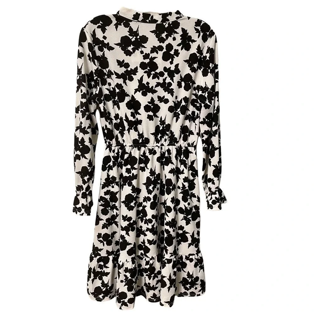 Homeyee Womens Black White Floral‎ Long Sleeve V-Neck Tie Waist Dress Size 6 M